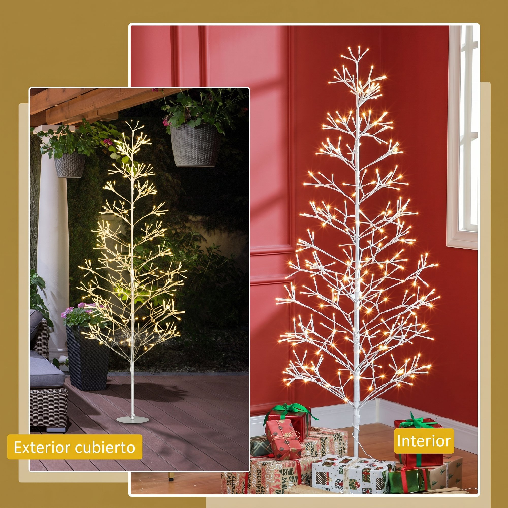 Un árbol de Navidad blanco iluminado, exterior a la izquierda e interior con regalos a la derecha.