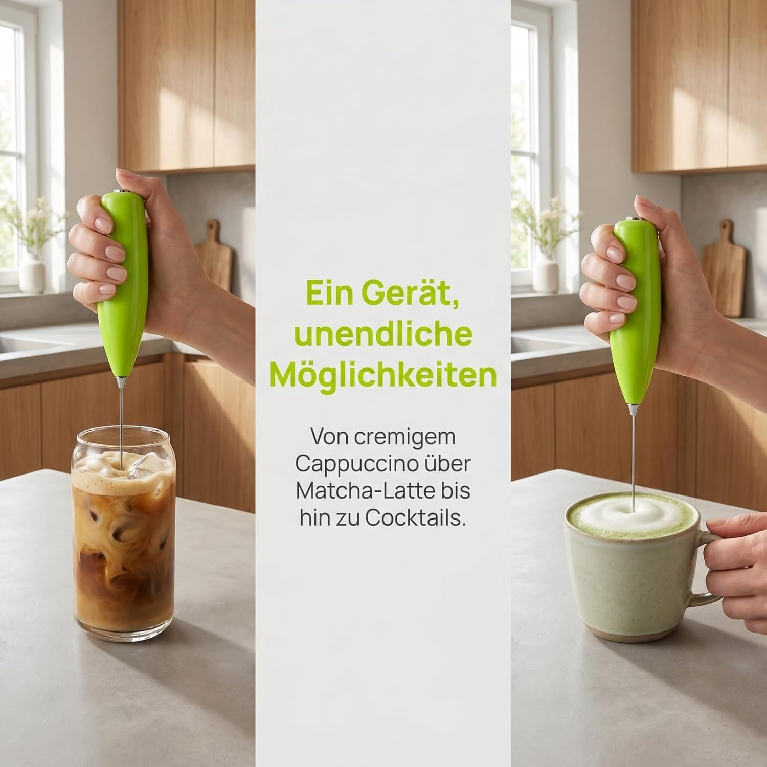 Grüner Milchaufschäumer in Verwendung für Iced Coffee und Matcha Latte in einer modernen Küche.