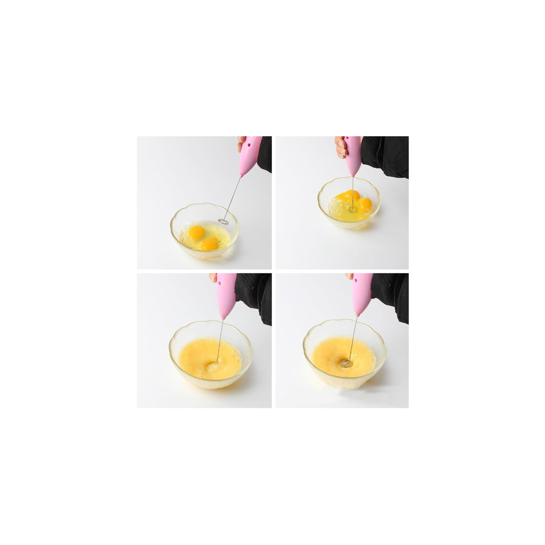 Vier schritte zeigen das whisking von eiern mit einem rosa stabmixer in einer schüssel auf weißem grund.