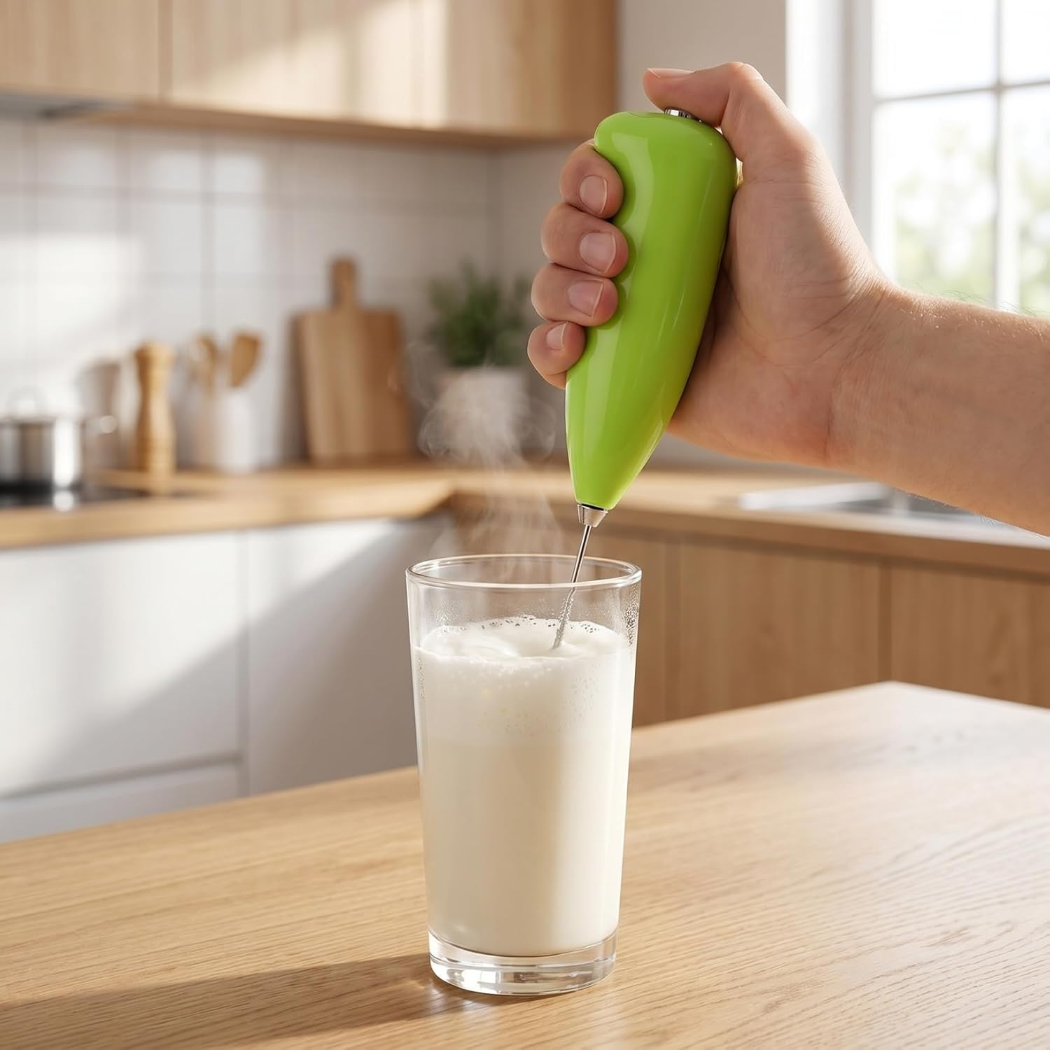 Eine Hand hält einen grünen Milchaufschäumer über ein Glas Milch in einer Küche.