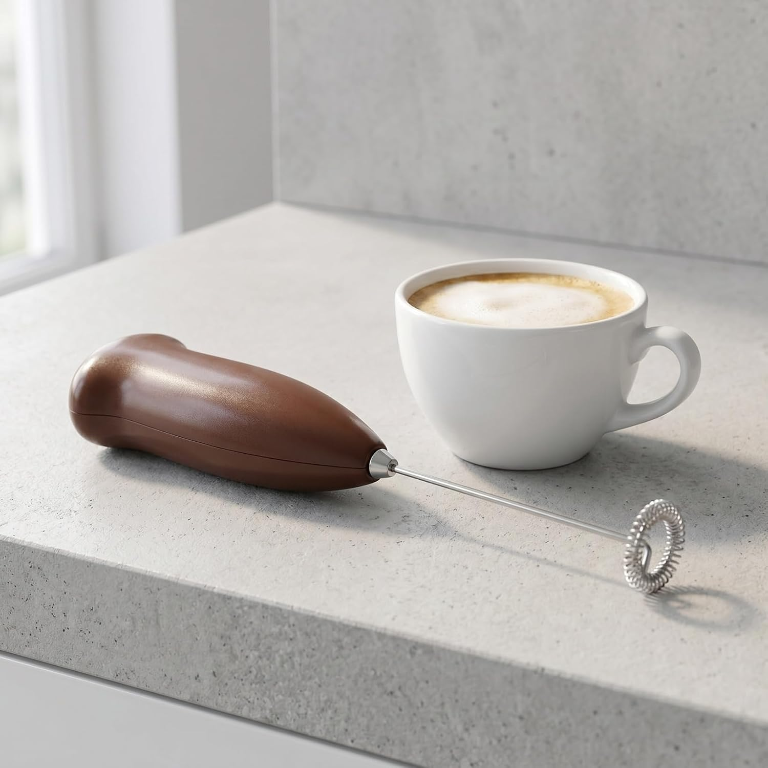 Ein brauner Milchaufschäumer und eine weiße Tasse Kaffee stehen auf einer grauen Arbeitsplatte.