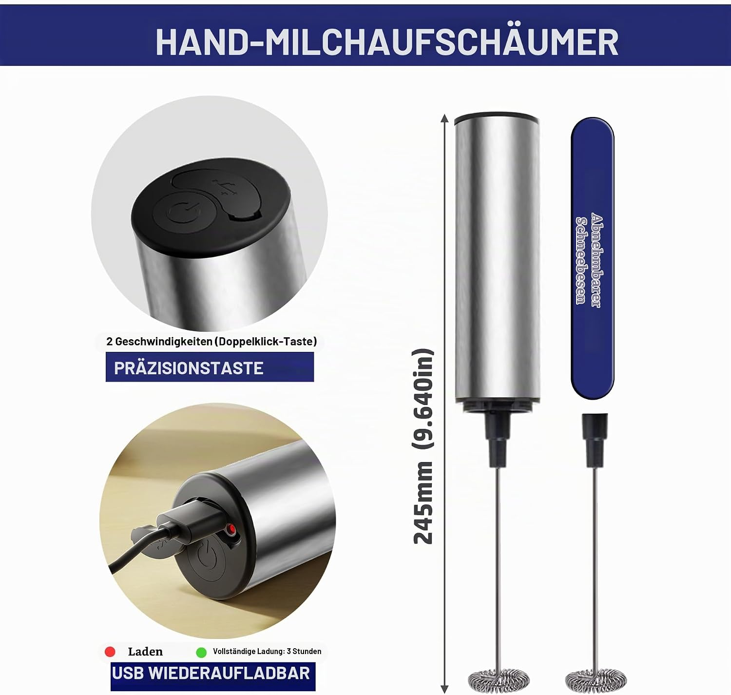 Hand-Milchaufschäumer mit USB, Knöpfen, abnehmbarem Schneebesen und 245 mm Höhe.
