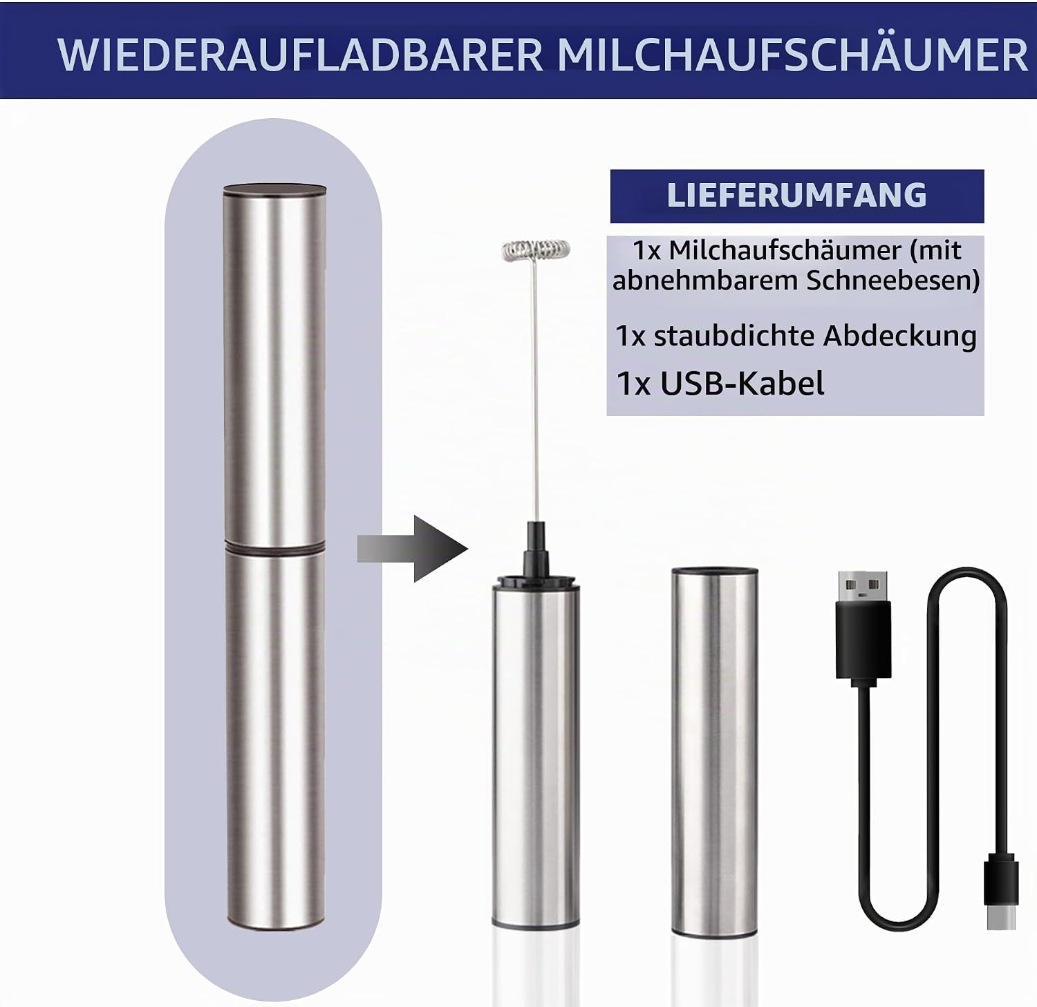 Wiederaufladbarer Milchaufschäumer mit Schneebesen, Schutzkappe und USB-Kabel.