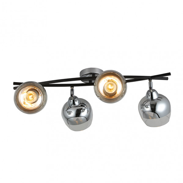 Lámpara de techo moderna con cuatro bombillas de vidrio esféricas y brillantes en un brazo curvo de metal negro.