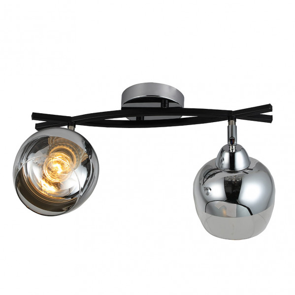 Lámpara de techo moderna con marco negro, base cromada y dos focos de vidrio reflectante, uno encendido cálido.
