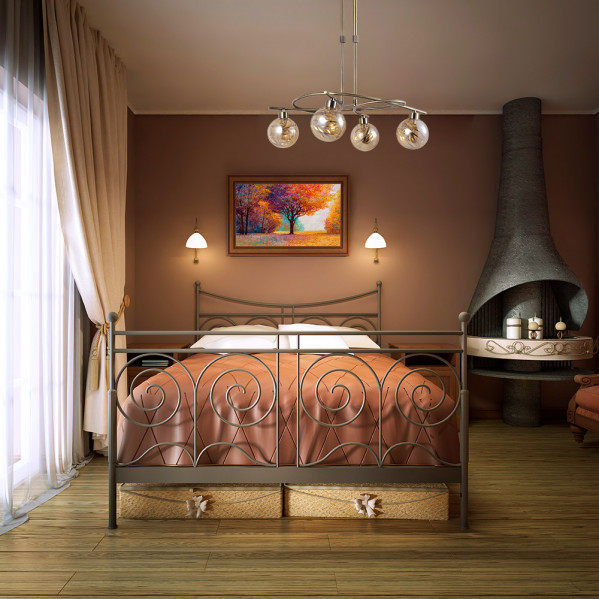 Acogedor dormitorio con cama de metal, pintura de paisaje otoñal, chimenea y elegante lámpara.