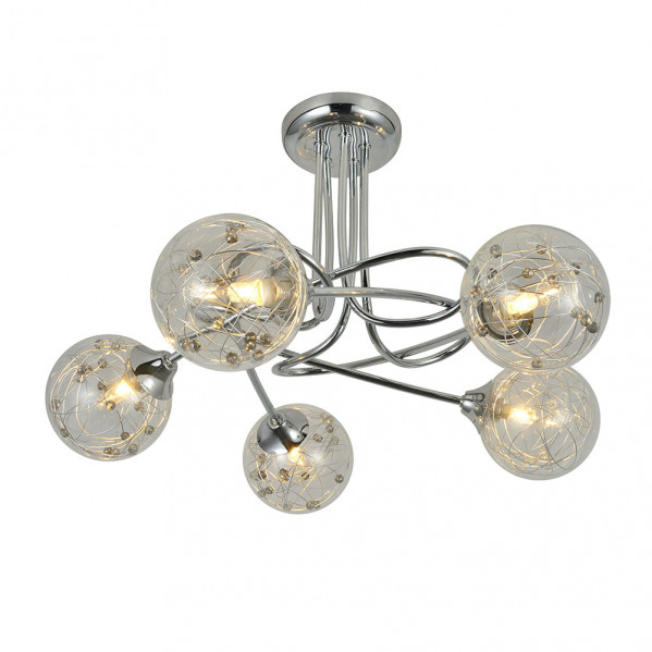Lámpara de techo moderna de cromo con cinco esferas de vidrio llenas de cables de metal decorativos y luces.