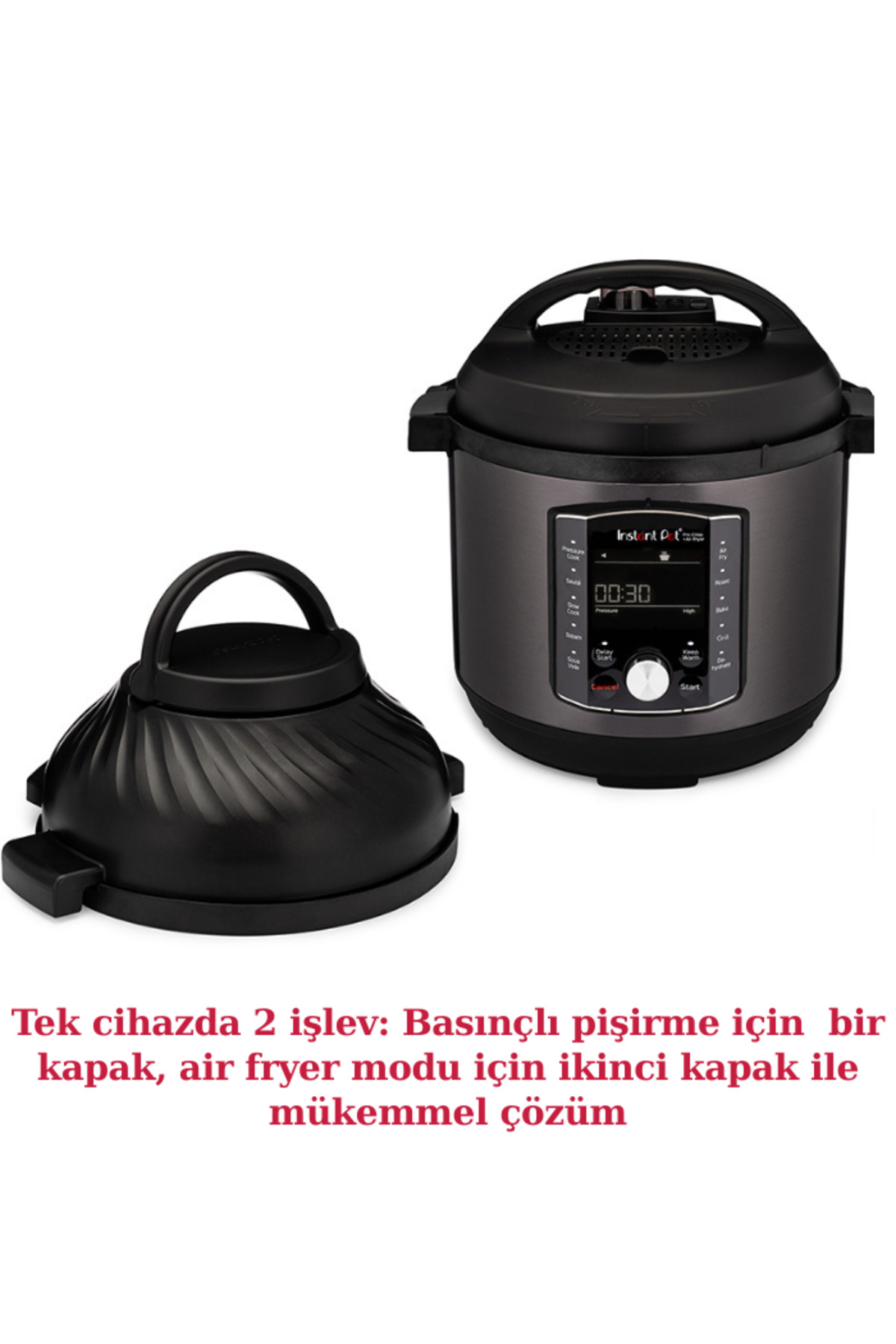 Basınçlı pişirme ve airfryer modları için iki farklı kapağı bulunan siyah çok amaçlı pişirici.