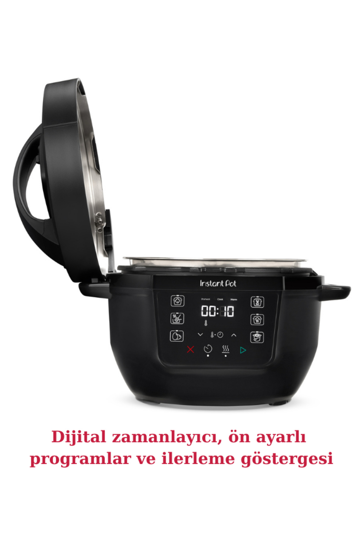 Czarny multicooker Instant Pot z otwartą pokrywą i panelem cyfrowym.
