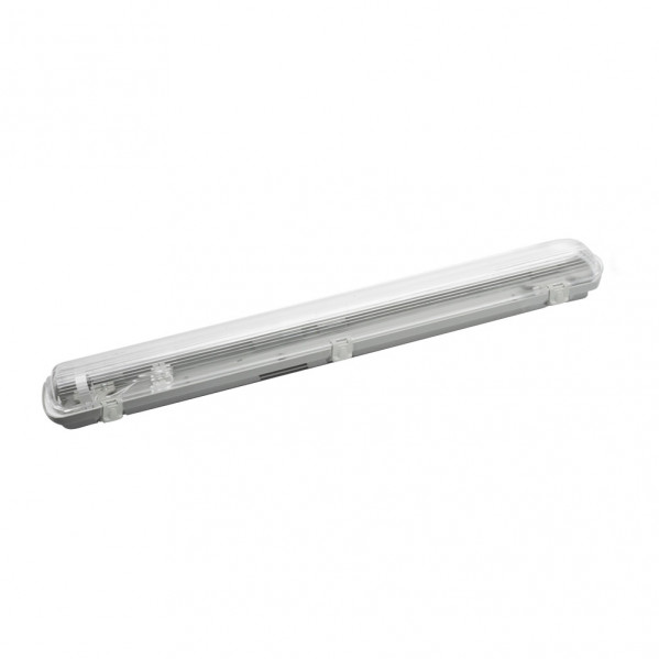 Luz LED alargada e impermeable para ambientes húmedos, con cubierta transparente y carcasa gris sobre fondo blanco.