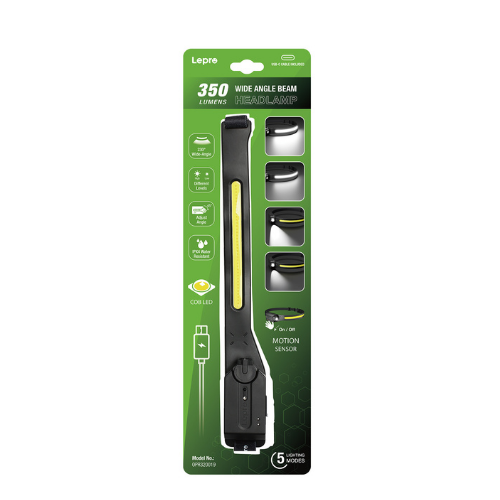 Embalaje para un faro de haz de gran angular Lepro de 350 lúmenes sobre un fondo verde.