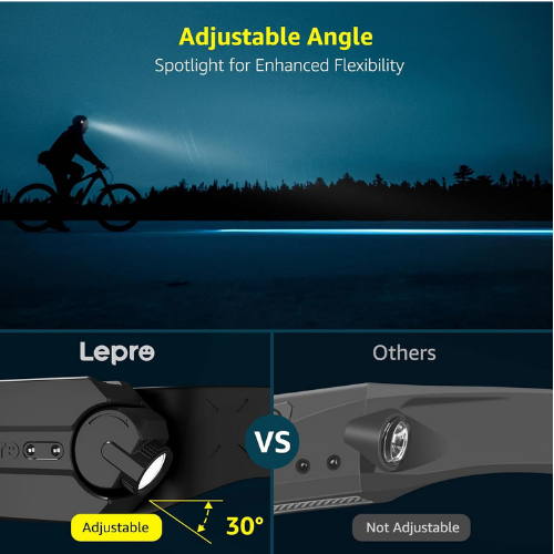 Ciclista de noche con linterna frontal ajustable, inclinación de 30 grados frente a otros.