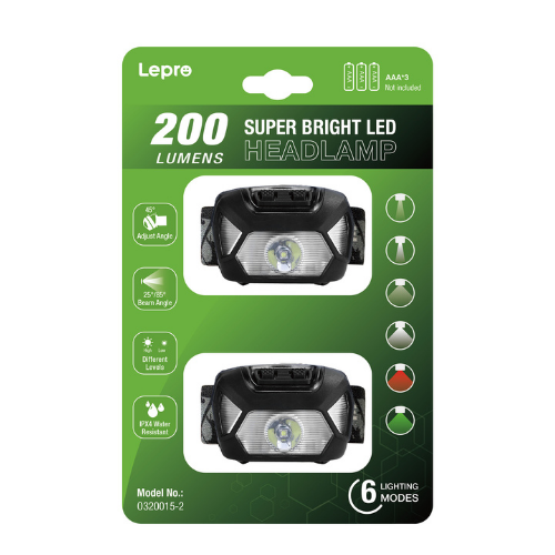 Embalaje de dos faros LED brillantes de 200 lúmenes con seis modos de iluminación.