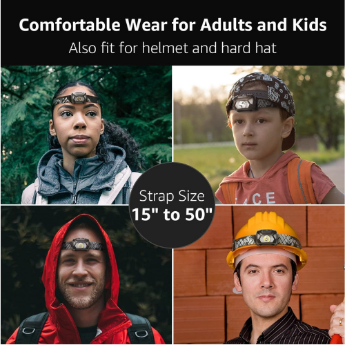 Cuatro personas, incluidos niños y adultos, usan linternas frontales en varios entornos como la naturaleza y obras.