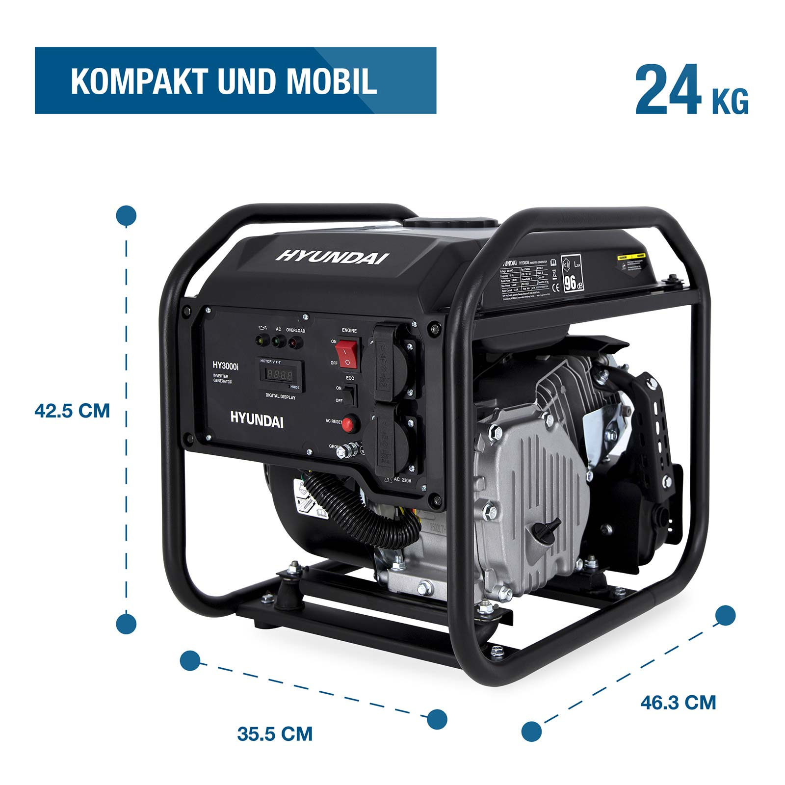 Hyundai HY3000i Inverter-Stromerzeuger, schwarz und silber, mit Maßen und 24 kg Gewicht.
