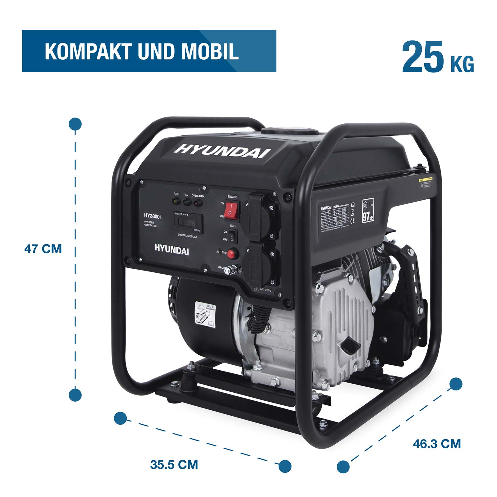 Tragbarer Hyundai Stromerzeuger mit Maßen, schwarzer Rahmen, digitale Anzeige und Steuerungselemente vorn.