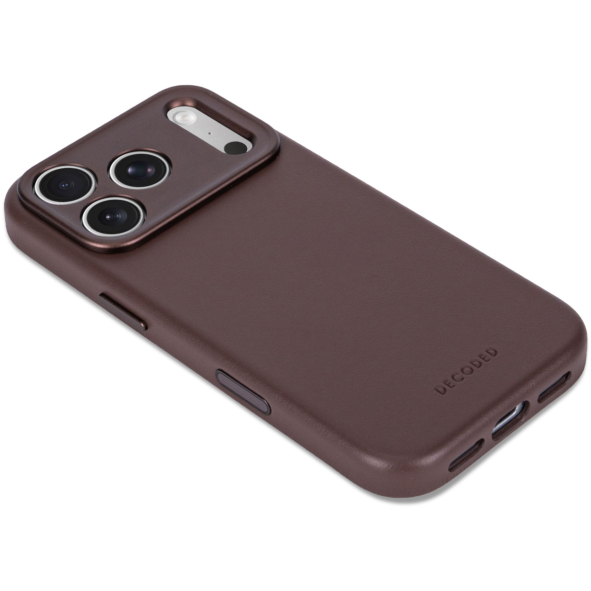 Custodia per smartphone in pelle marrone con foro per fotocamera e marchio 'DECODED'.
