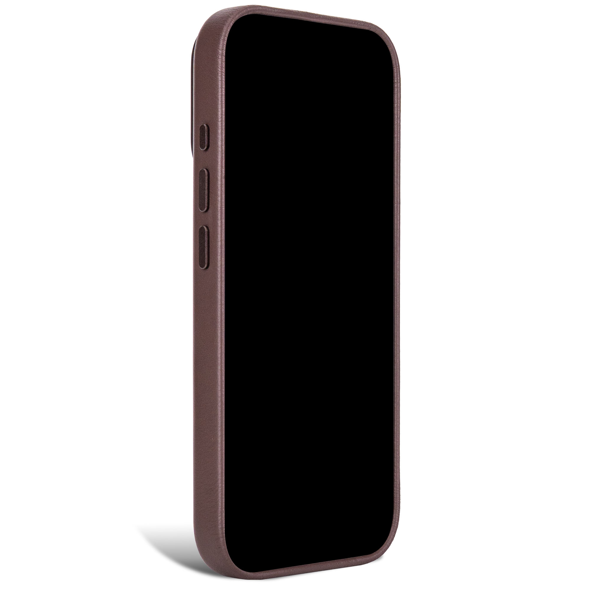Uno smartphone in una custodia di pelle marrone su sfondo bianco.