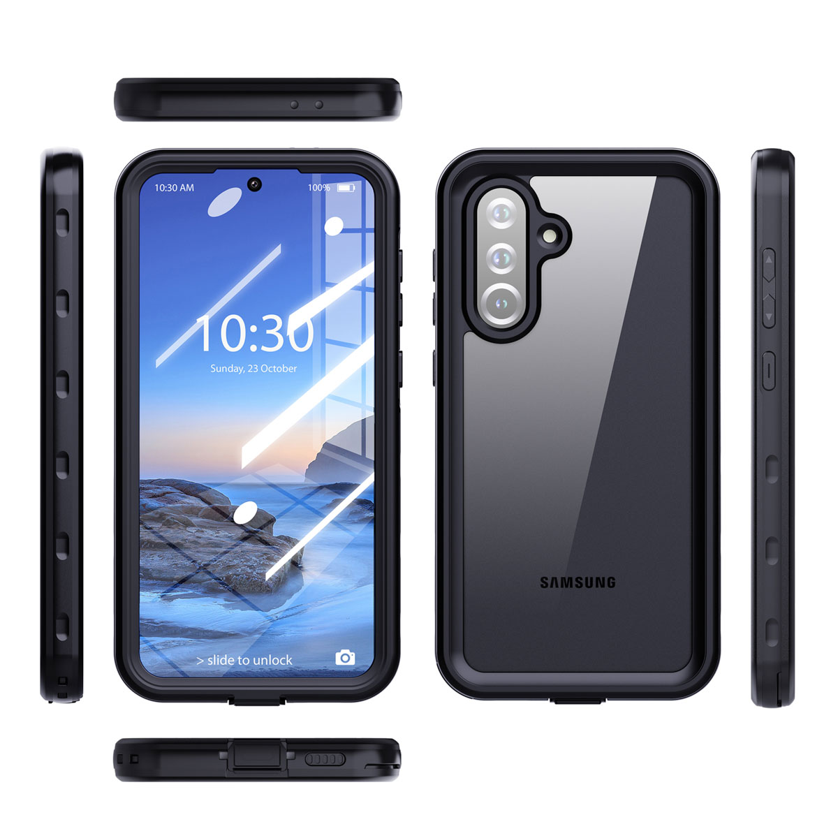 Un smartphone Samsung noir dans une coque étanche vu de face, de dos et sous les quatre angles.