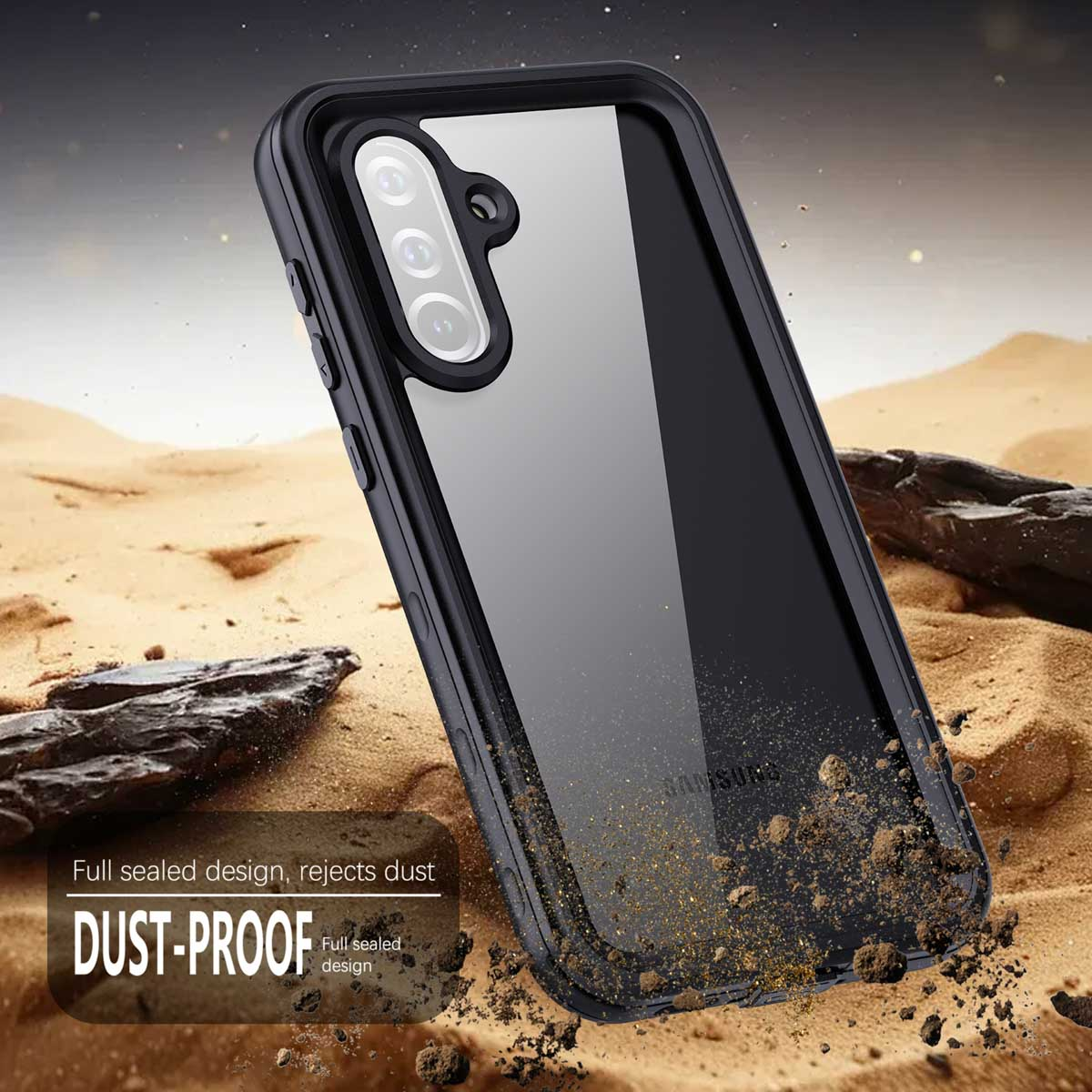 Coque de téléphone noire étanche à la poussière dans le sable, protégeant l'appareil.