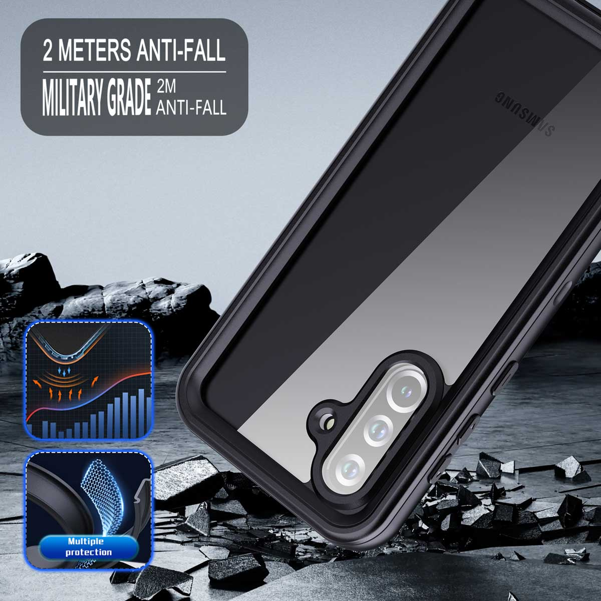Coque de téléphone robuste noire sur fond rocheux avec des graphiques de protection.