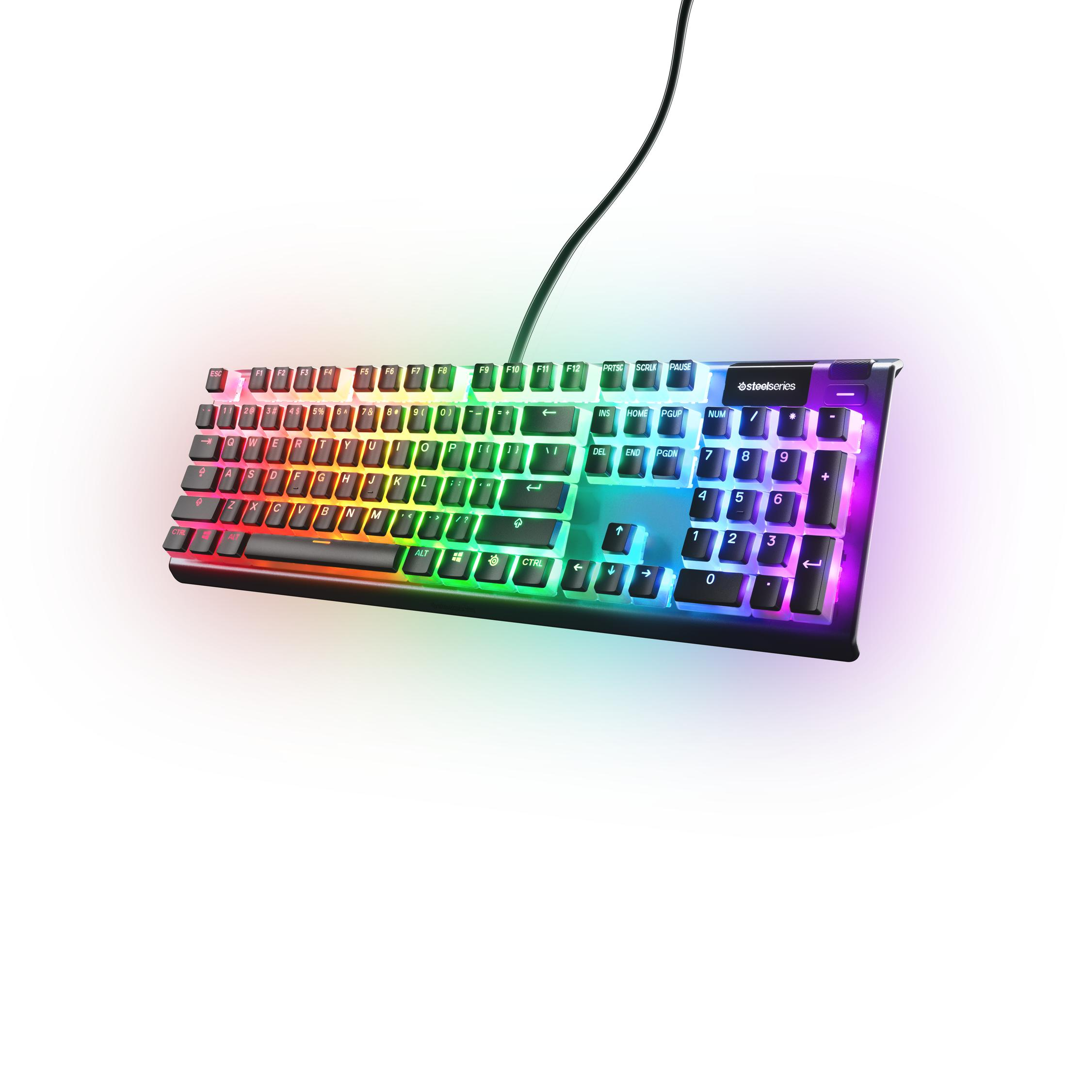 Eine schwarze Gaming-Tastatur mit RGB-Beleuchtung und Kabel, schwebend vor weißem Hintergrund.