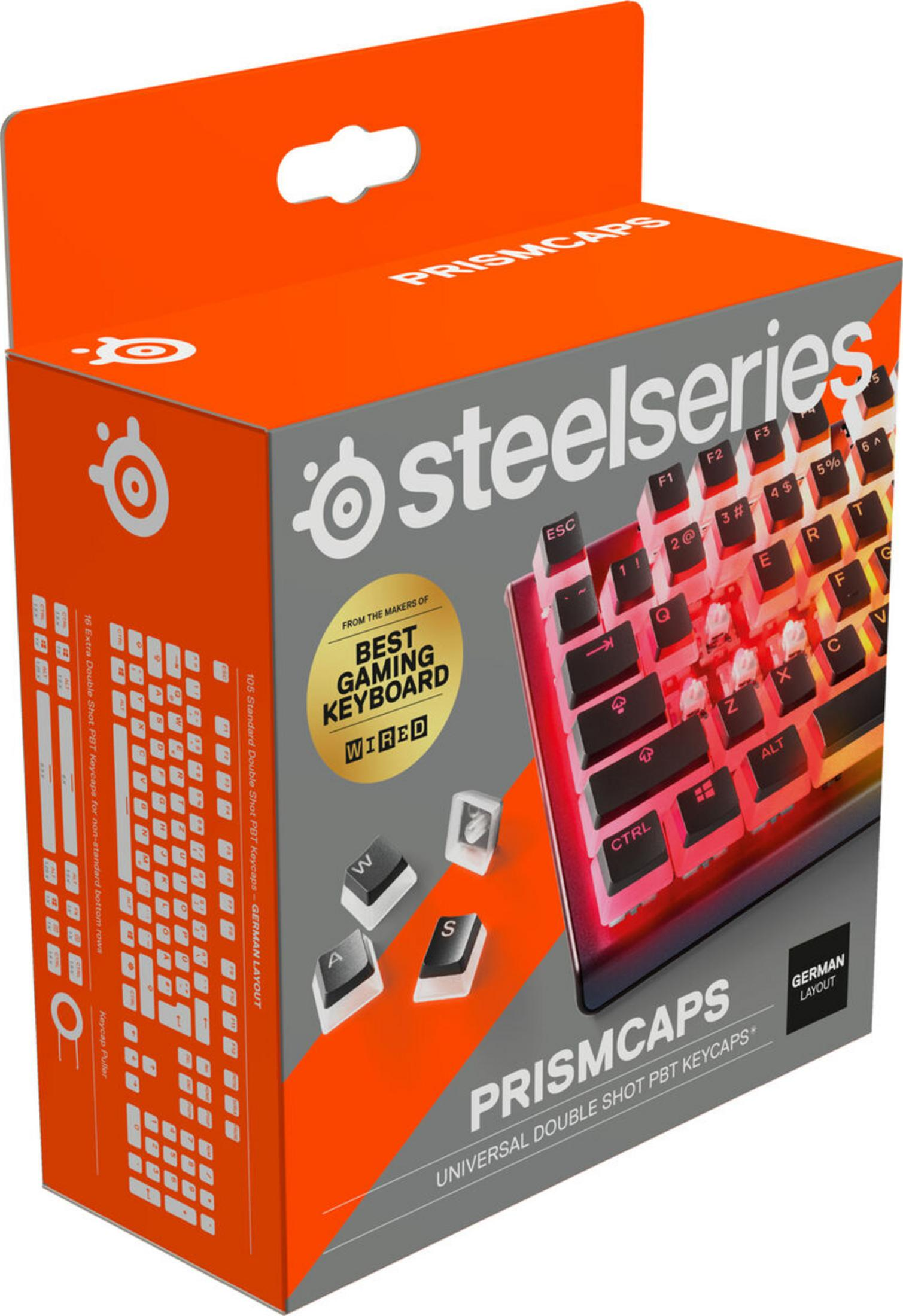 Eine SteelSeries PrismCaps Verpackung in Orange und Grau zeigt Keycaps und eine Tastatur.