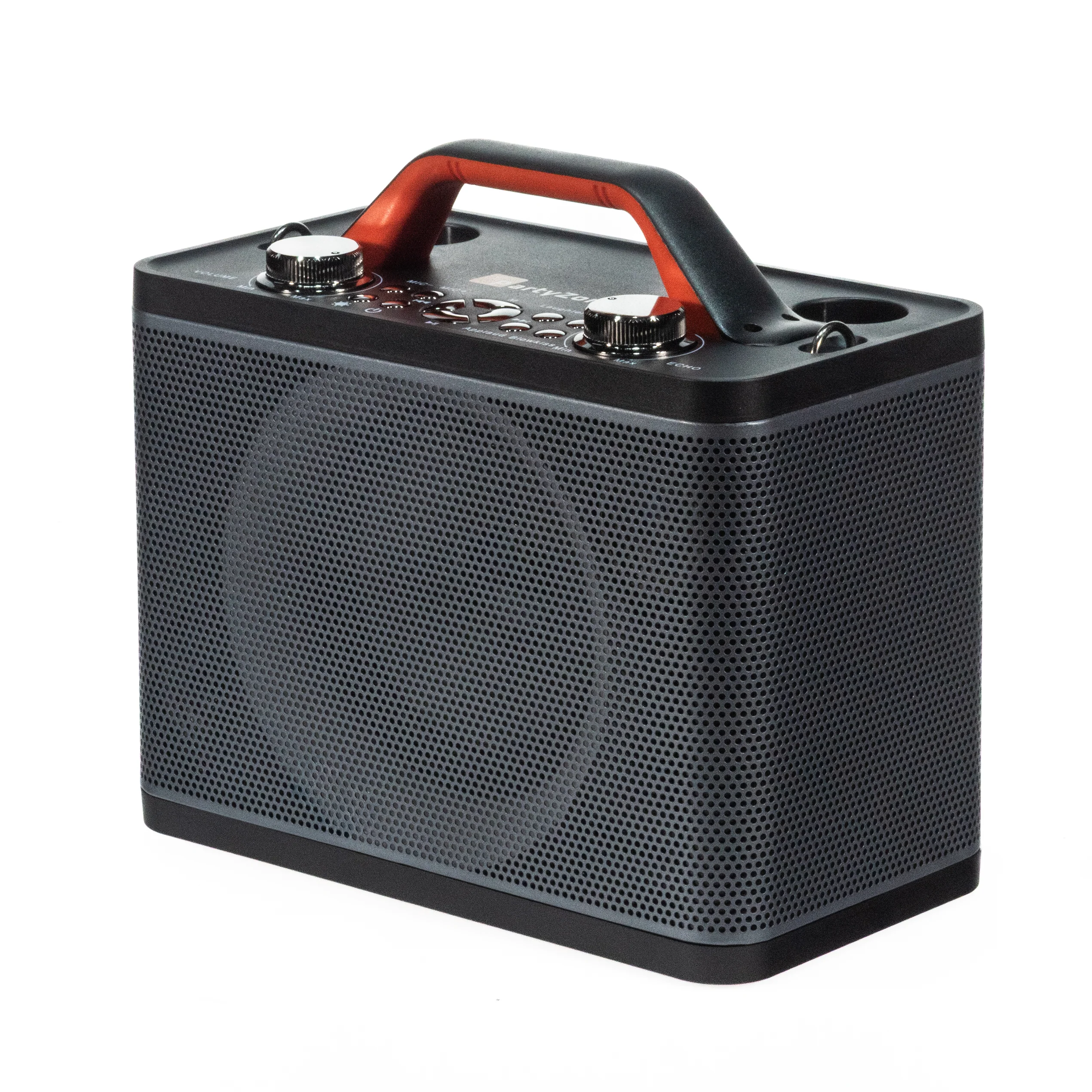 Ein tragbarer schwarzer Bluetooth-Lautsprecher mit einem roten Tragegriff und silbernen Drehknöpfen.