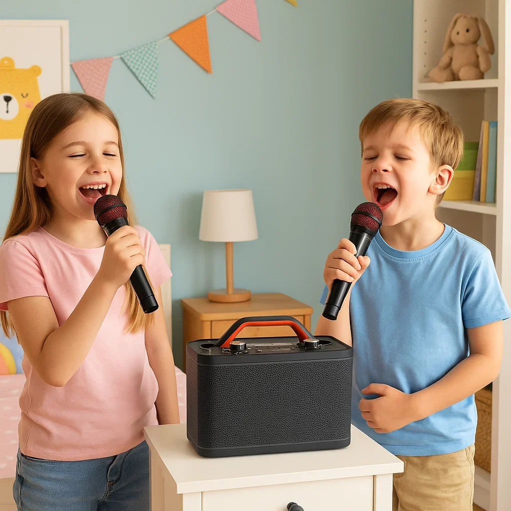 Ein Junge und ein Mädchen singen mit Mikrophonen in ein Karaokesystem in einem Kinderzimmer.