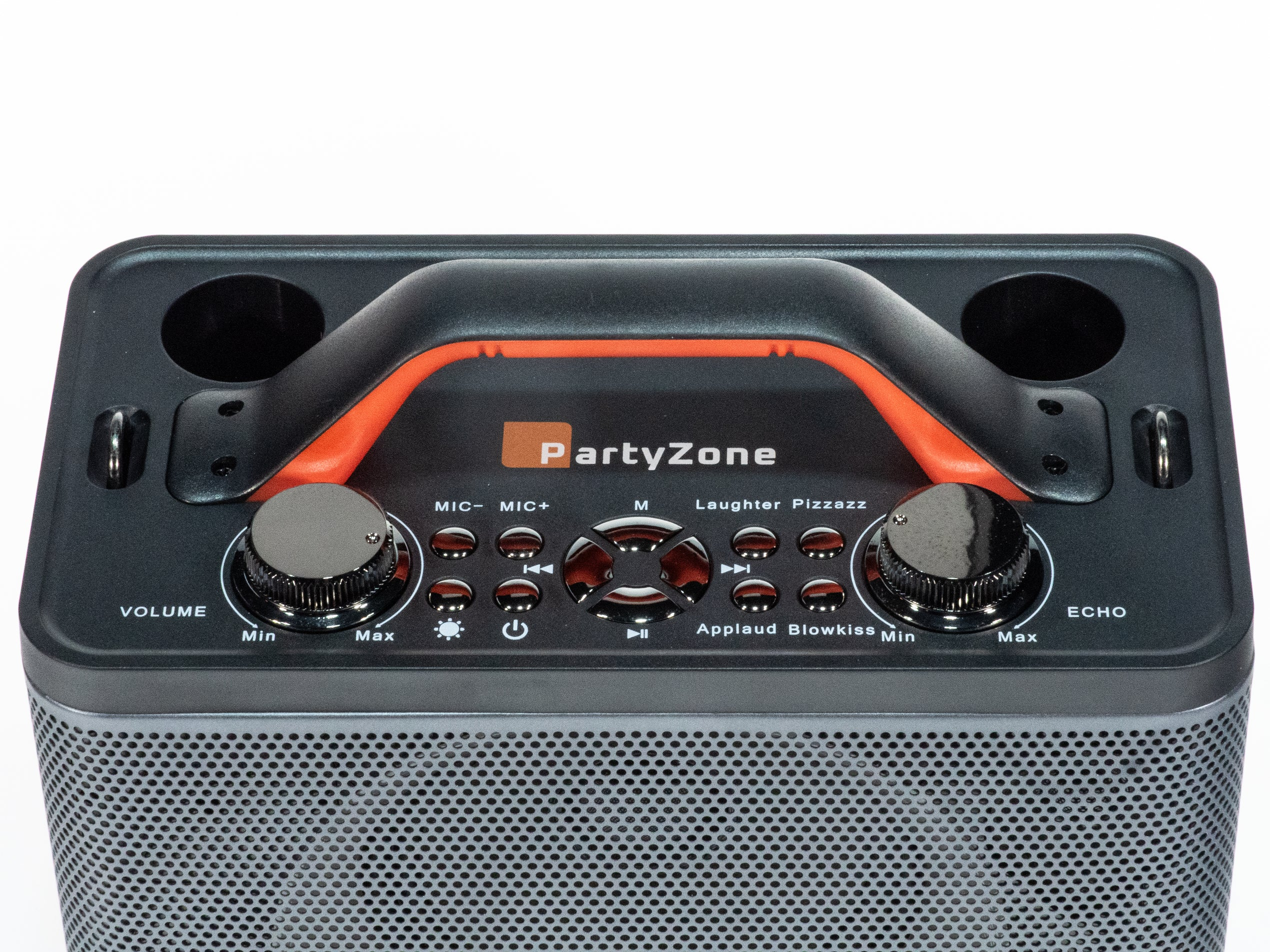 Oberseite einer schwarzen PartyZone-Karaokebox mit Tasten, Reglern, Griff und Lautsprechergitter unten.