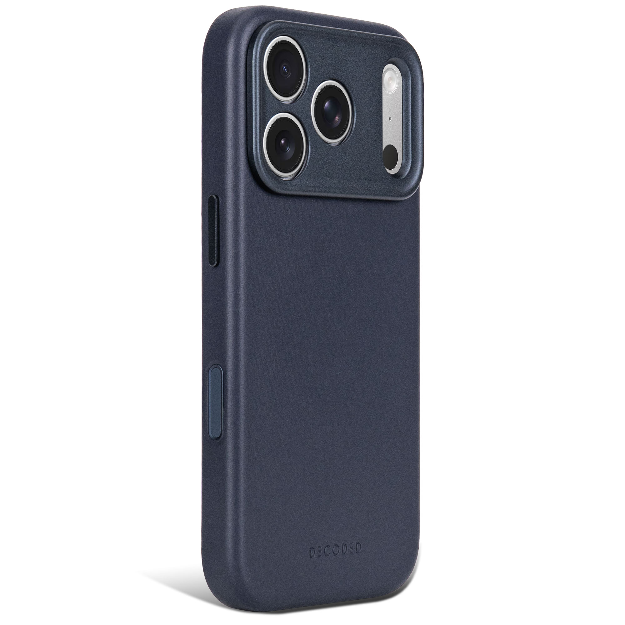 Custodia per smartphone in pelle blu scuro con ritaglio per tre fotocamere sul retro.