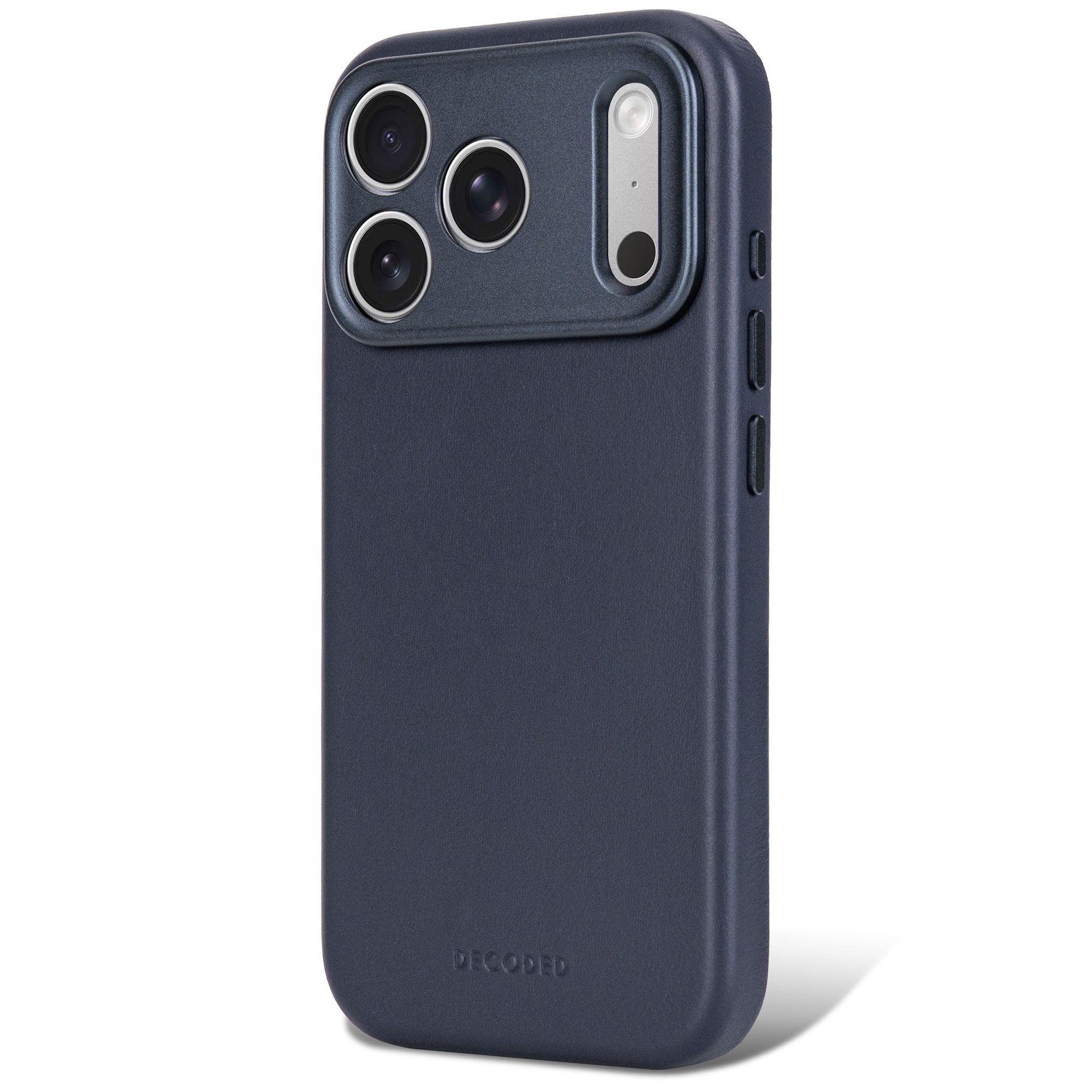 Custodia per telefono in pelle blu scuro con ritaglio per fotocamera e marchio DECODED.