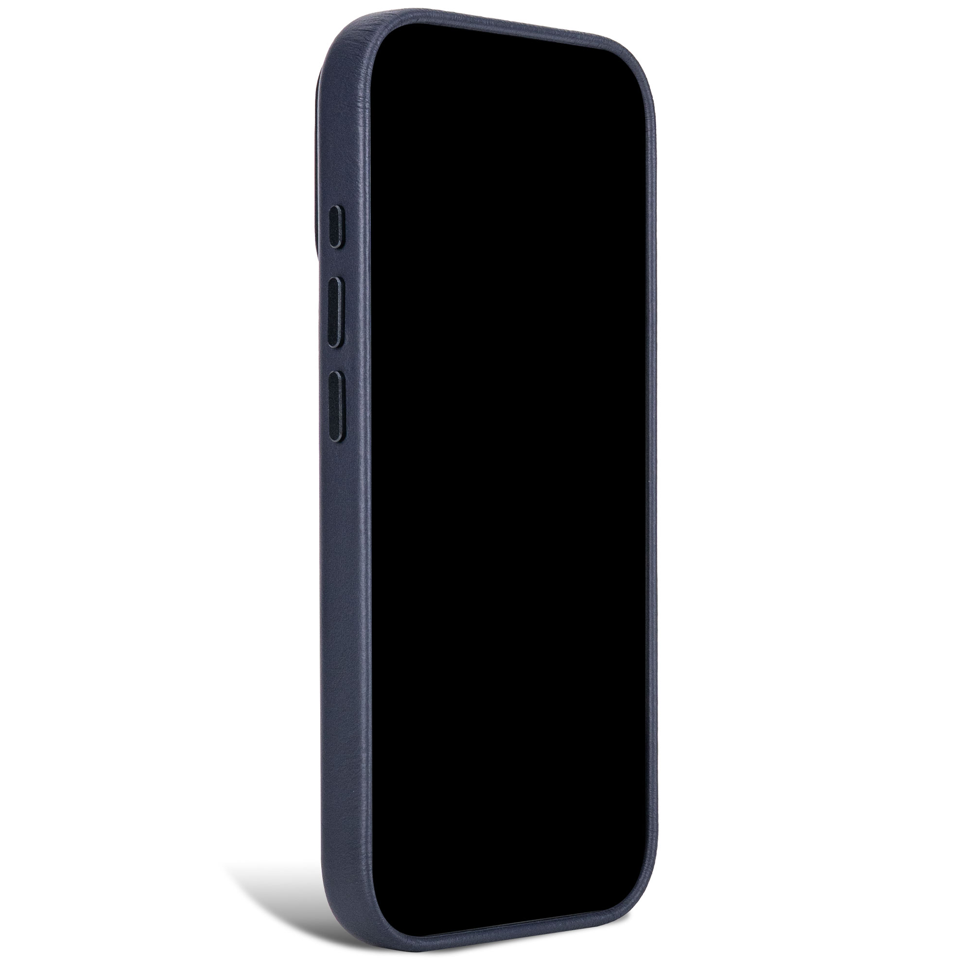 Uno smartphone con schermo nero e custodia blu su sfondo bianco.
