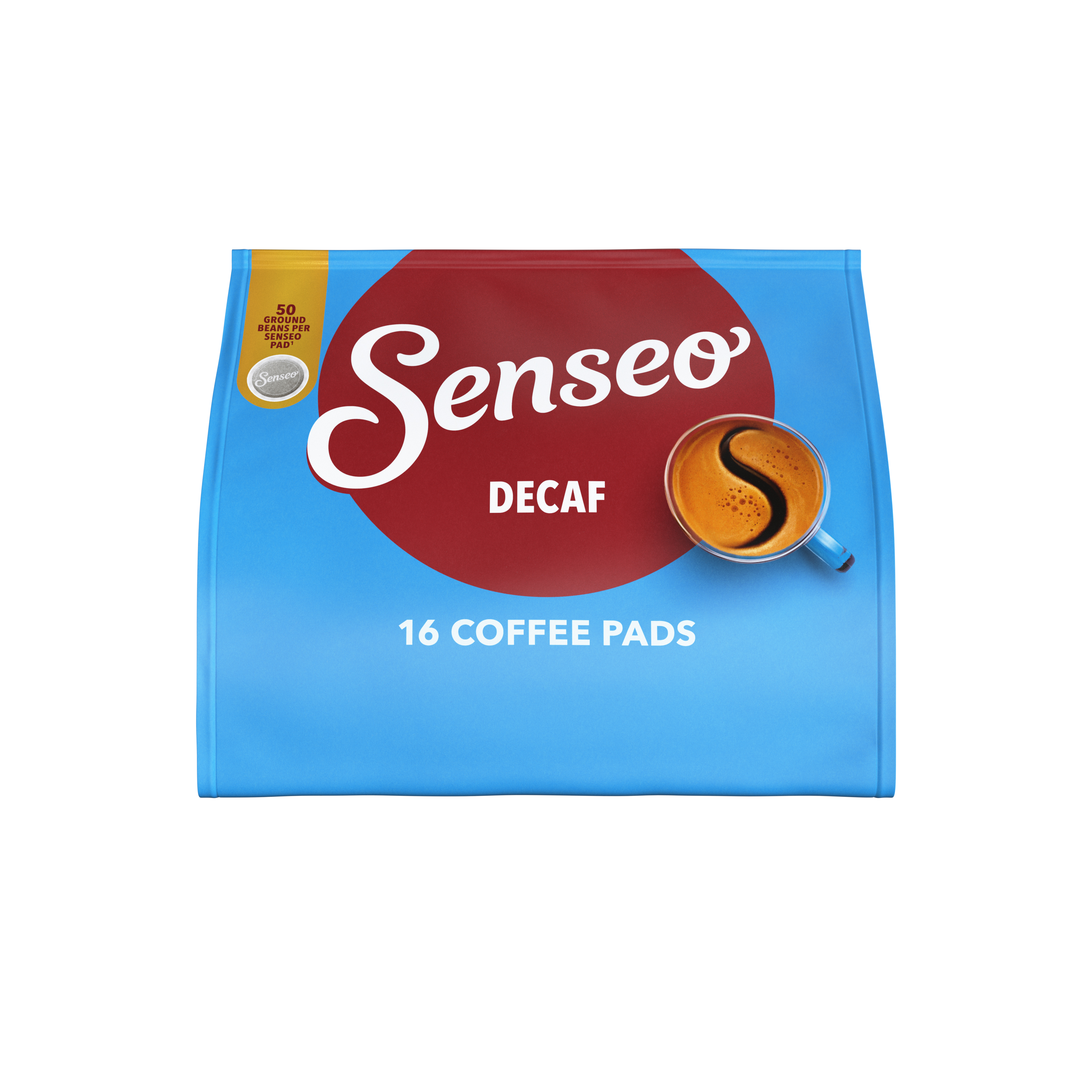 Blaue Senseo Decaf Kaffeepads-Verpackung mit rotem Kreis und Kaffeetasse.