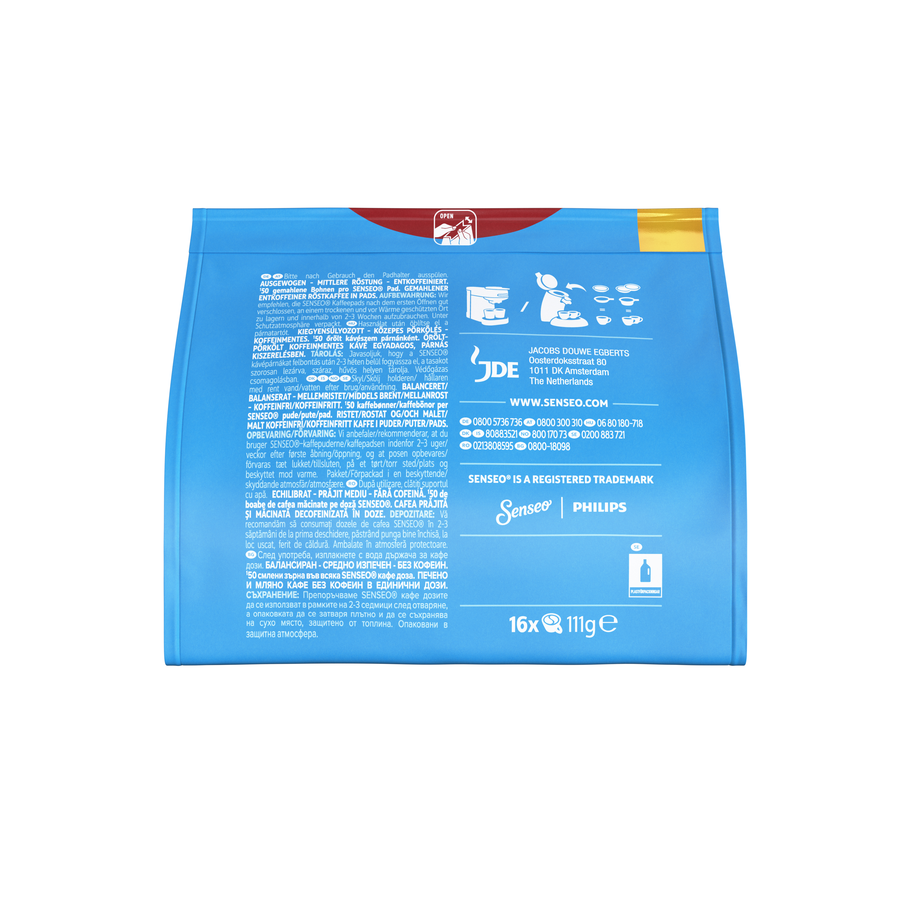 Blaue Senseo Kaffeepads-Verpackung mit deutscher und multilinguistischer Textinfo und Markenlogos.