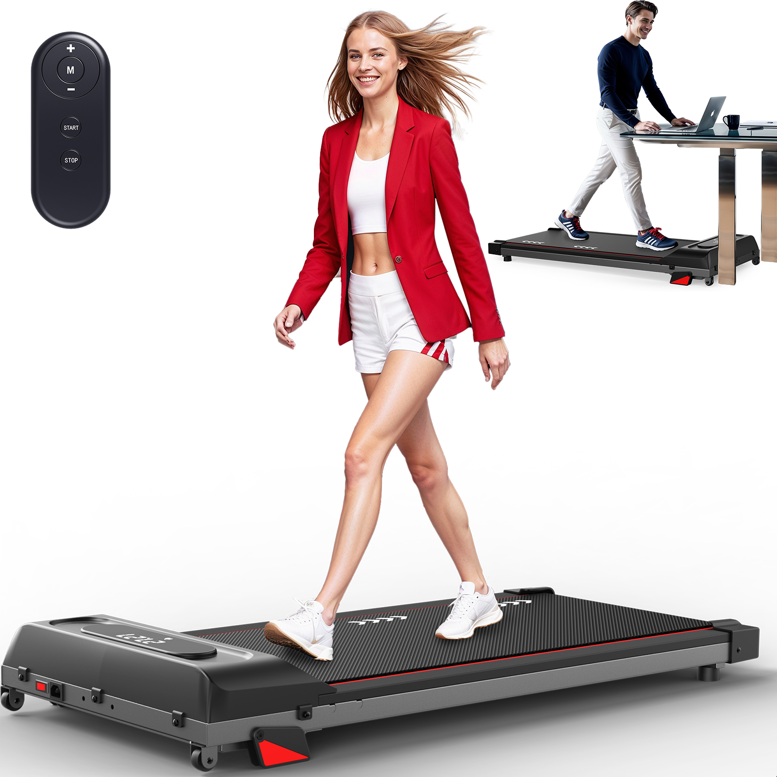 Eine Frau geht auf einem Laufband, mit Fernbedienung und einem Mann mit Laptop im Hintergrund.
