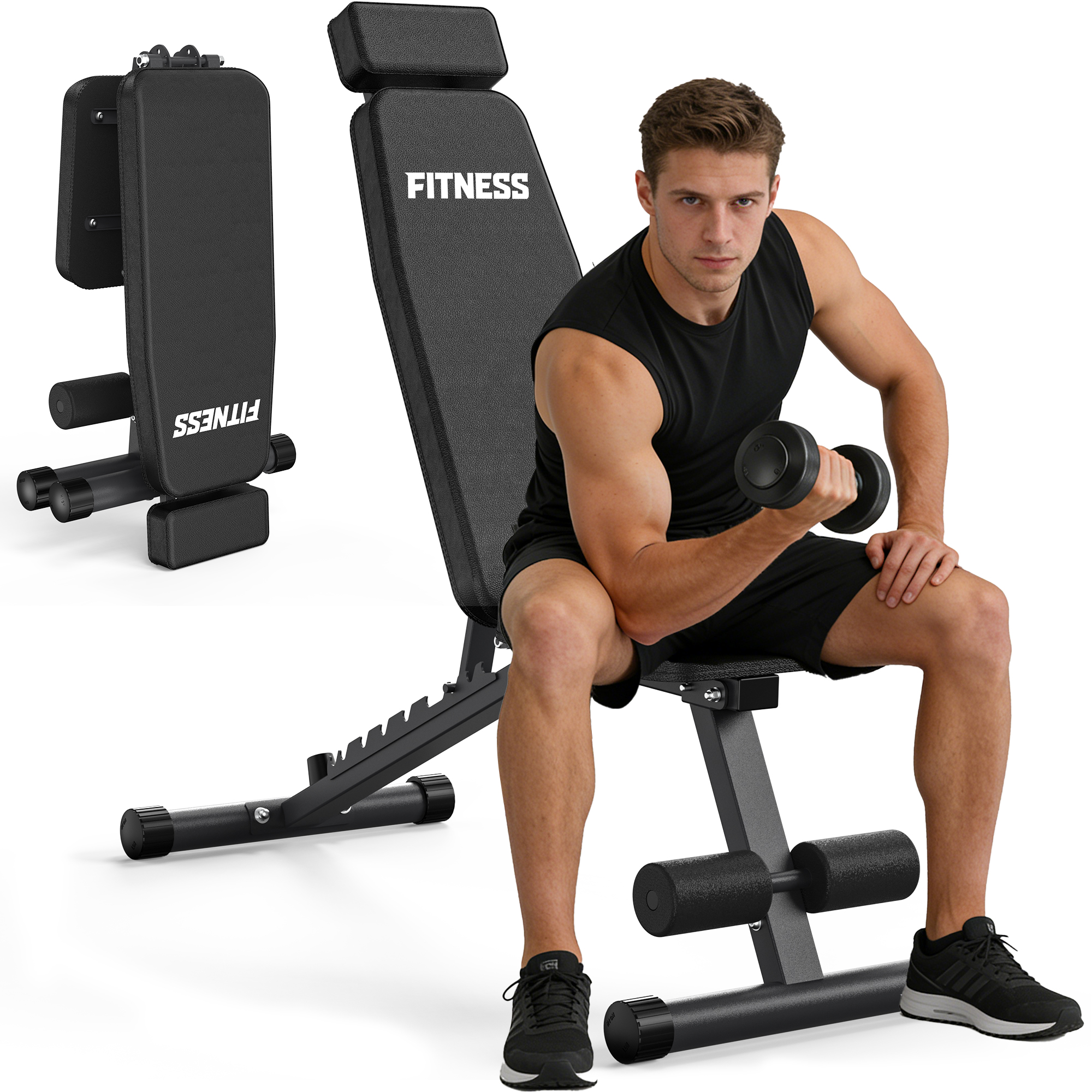 Ein Mann in schwarzer Sportkleidung hebt eine Hantel, während er auf einer schwarzen Fitnessbank sitzt.