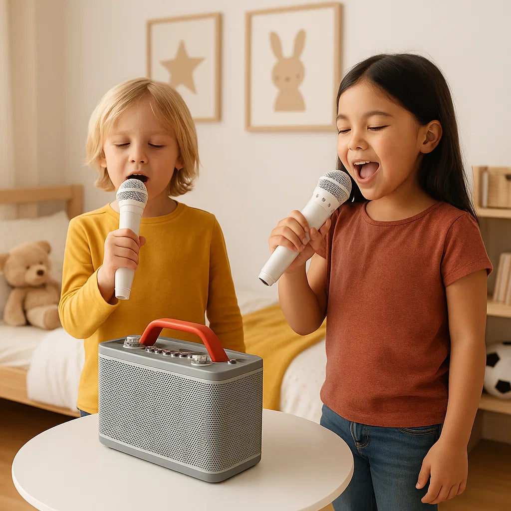 Zwei Kinder singen in weiße Mikrofone neben einem Lautsprecher auf einem Tisch im Schlafzimmer.