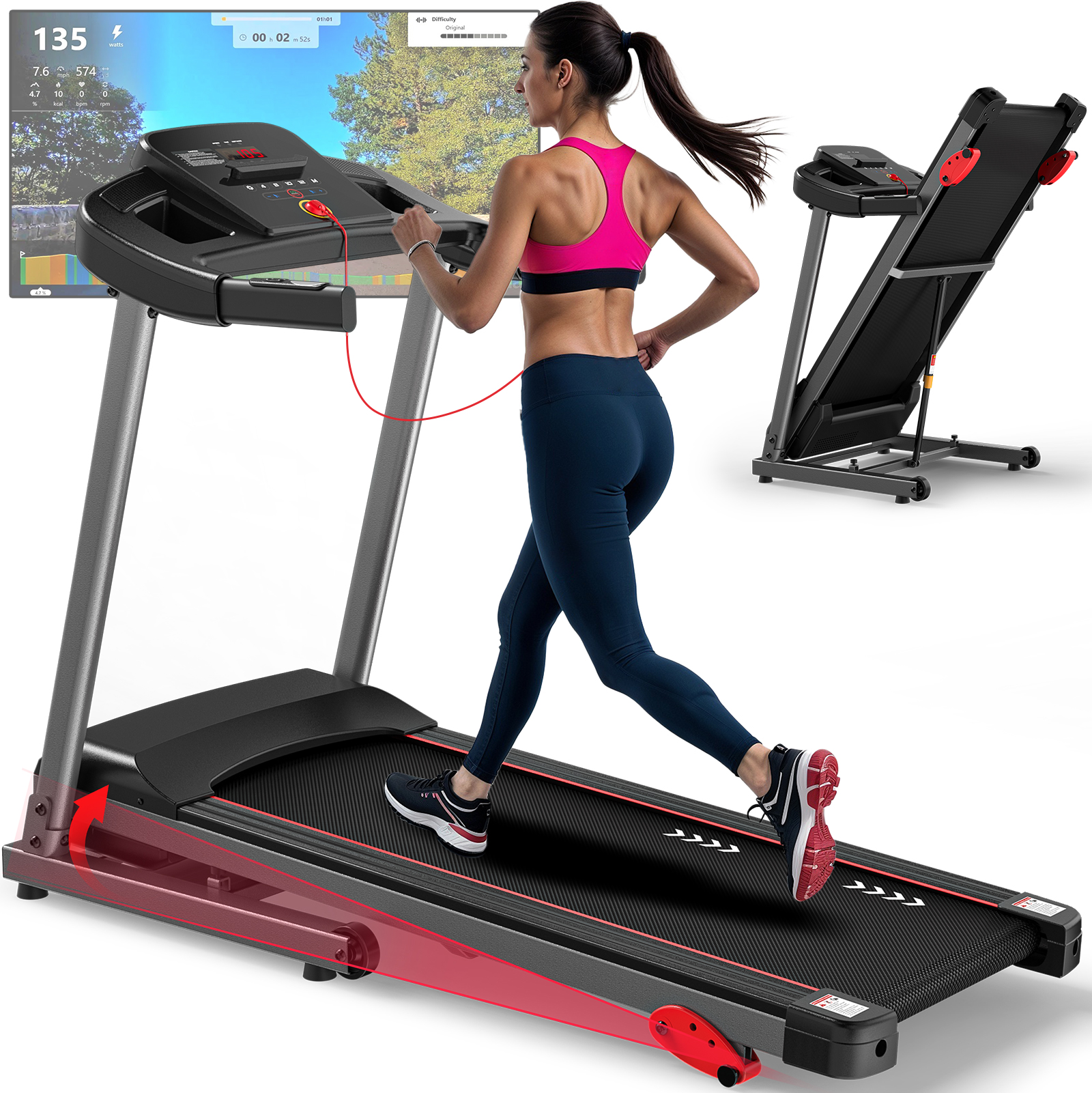 Eine Frau in Sportkleidung läuft auf einem modernen Laufband mit digitalem Bildschirm.
