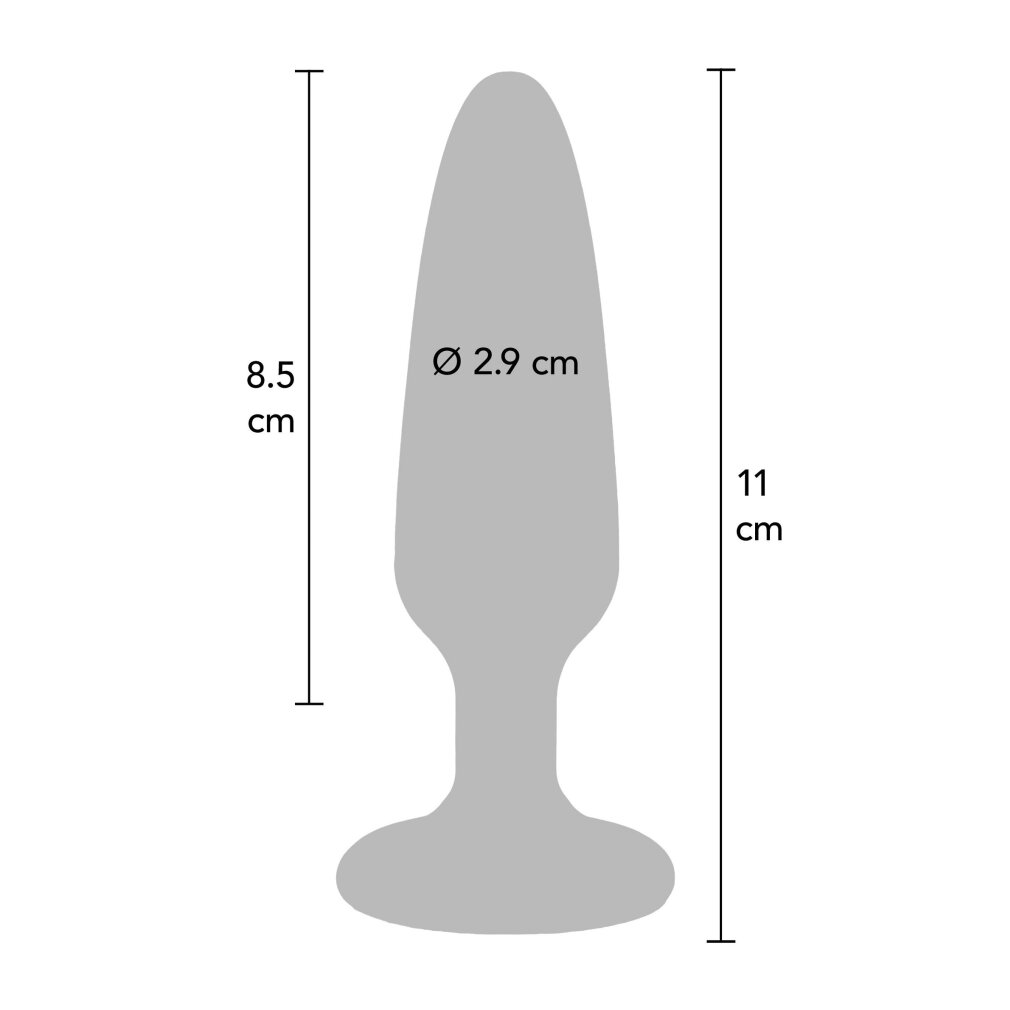 Graue Skizze eines Analplugs mit Maßangaben: 8.5 cm und 11 cm Länge sowie 2.9 cm Durchmesser.