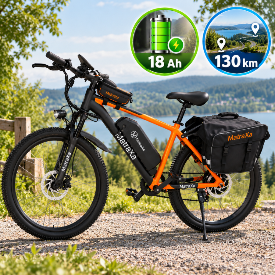 Pomarańczowo-czarny rower elektryczny na żwirowej ścieżce z jeziorem w tle. Ikony pokazują baterię 18 Ah i zasięg 130 km.