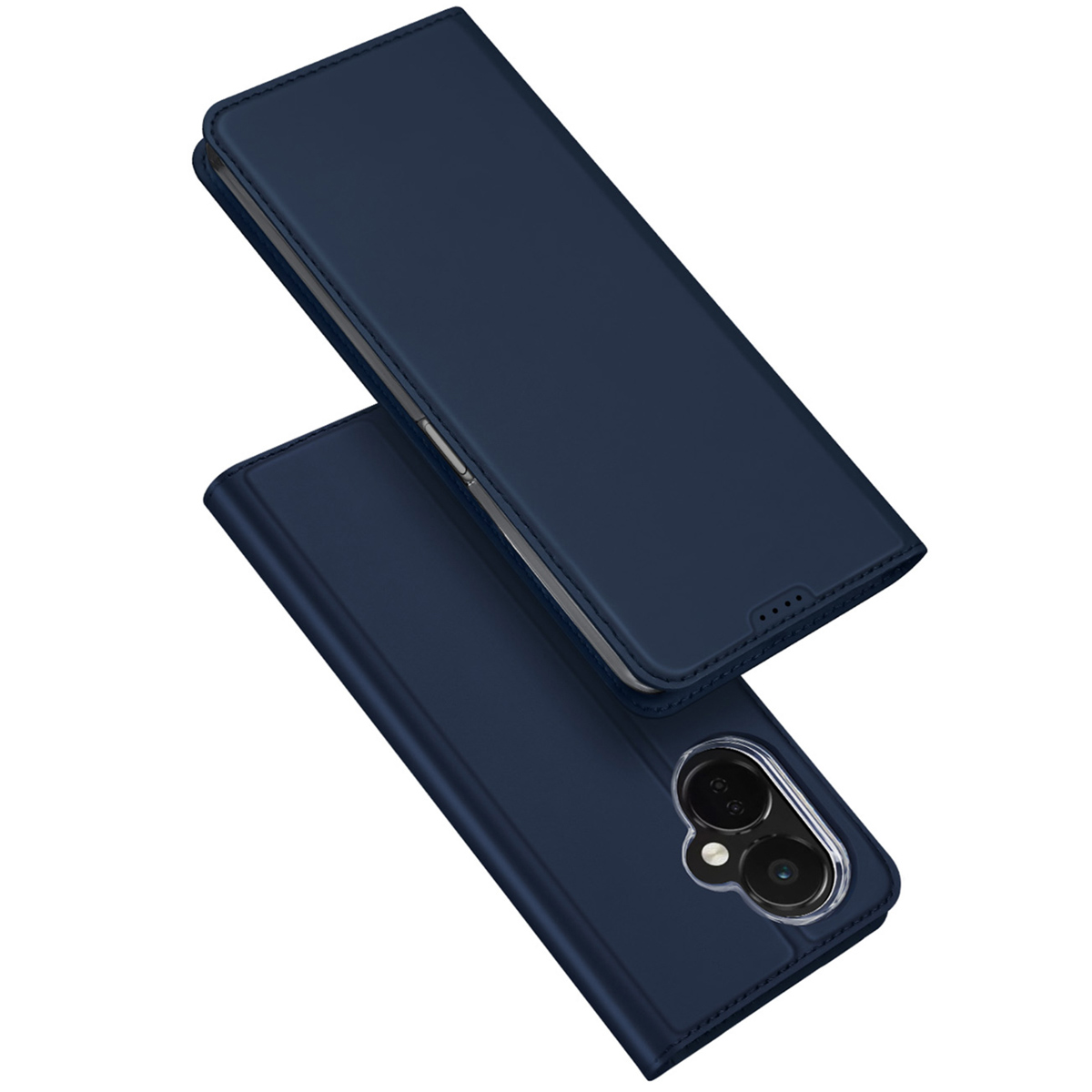 Funda de cuero azul oscuro para teléfono con recorte de cámara sobre fondo blanco.