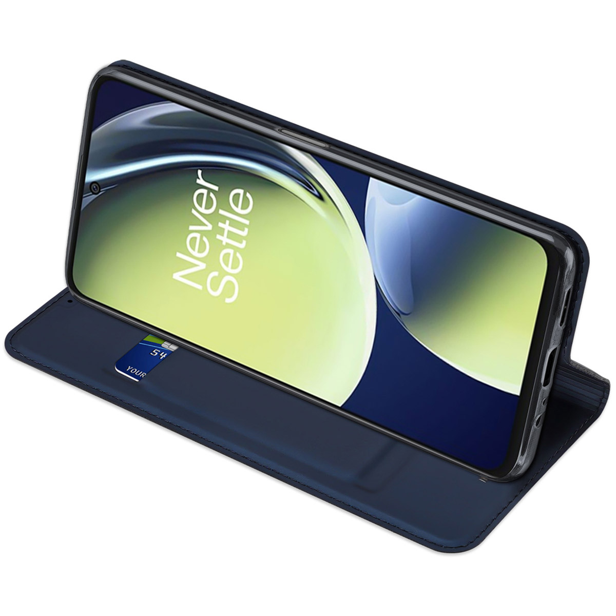 Un teléfono inteligente en una funda tipo billetera de cuero azul oscuro con tarjetero.