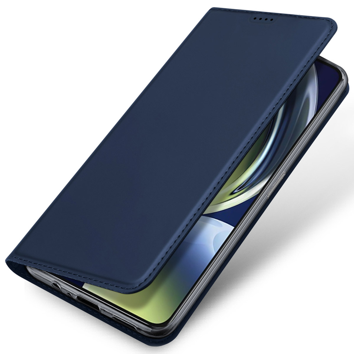 Un teléfono inteligente en una funda tipo libro de cuero azul oscuro sobre fondo blanco.