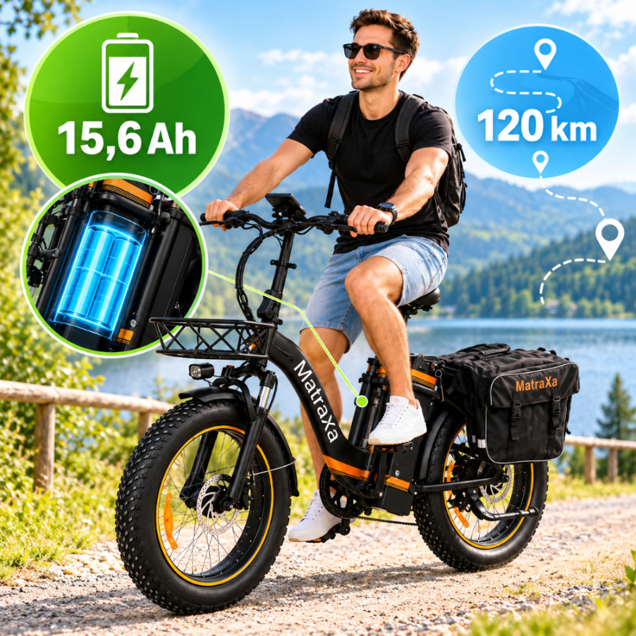 Mężczyzna jedzie na rowerze elektrycznym po ścieżce, w tle jezioro i góry.