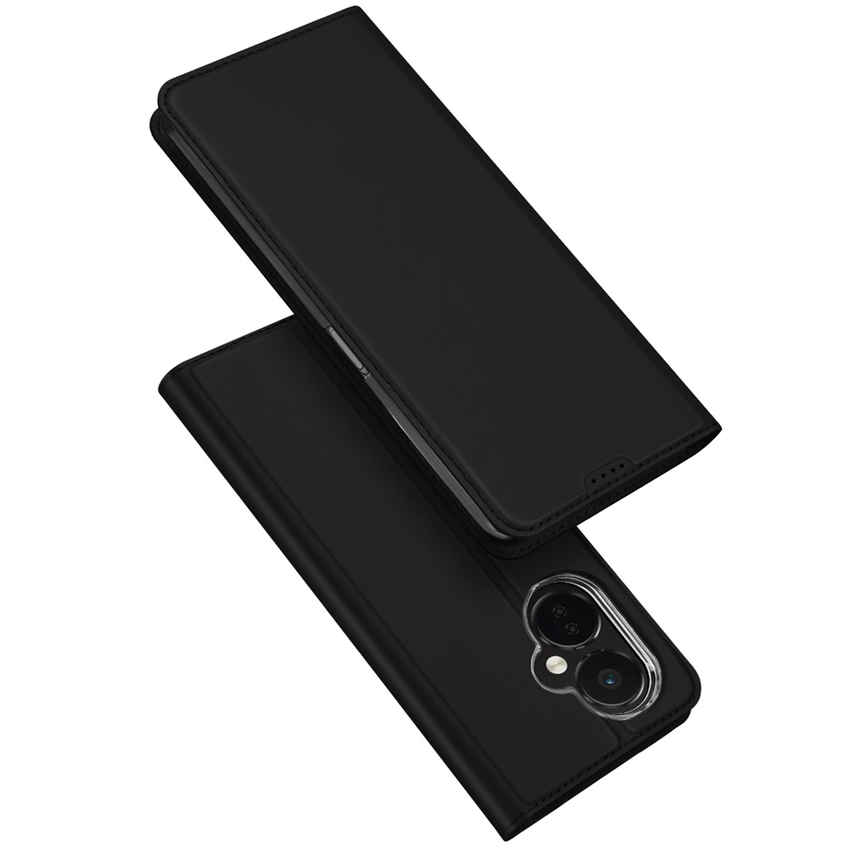 Dos vistas de una funda abatible para smartphone negra sobre fondo blanco, con recorte para cámara.