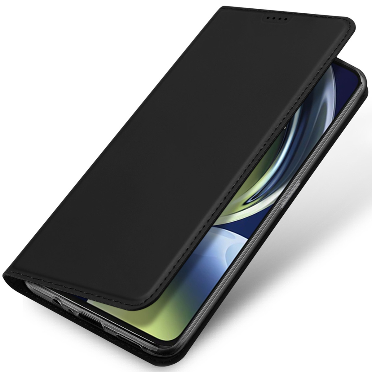 Una funda de móvil abatible negra está ligeramente abierta, mostrando una pantalla con un patrón azul y blanco.