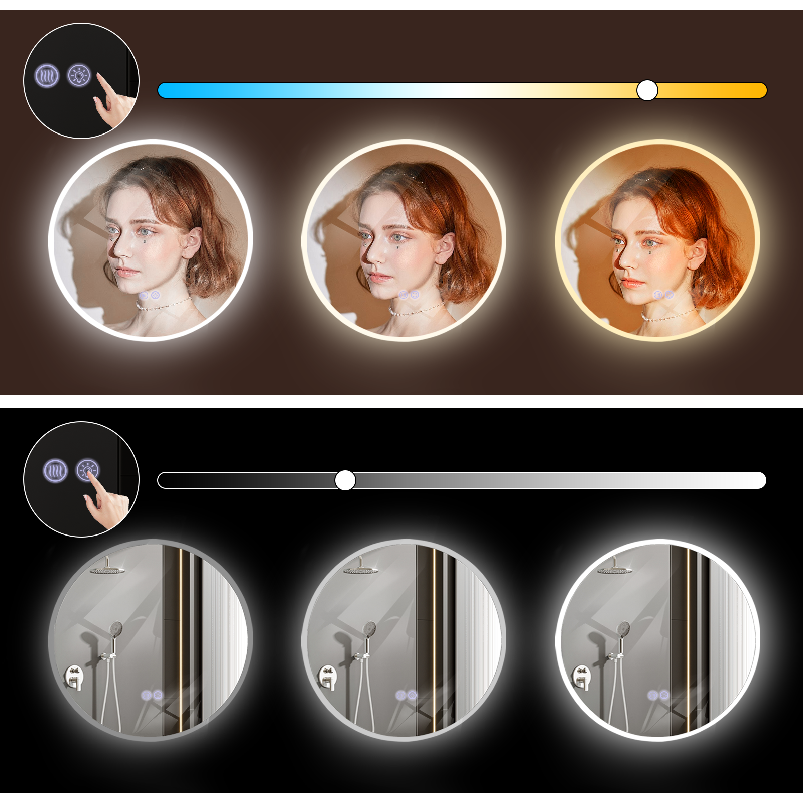 LED-Spiegel mit einstellbarer Farbtemperatur und Helligkeit in drei Stufen.