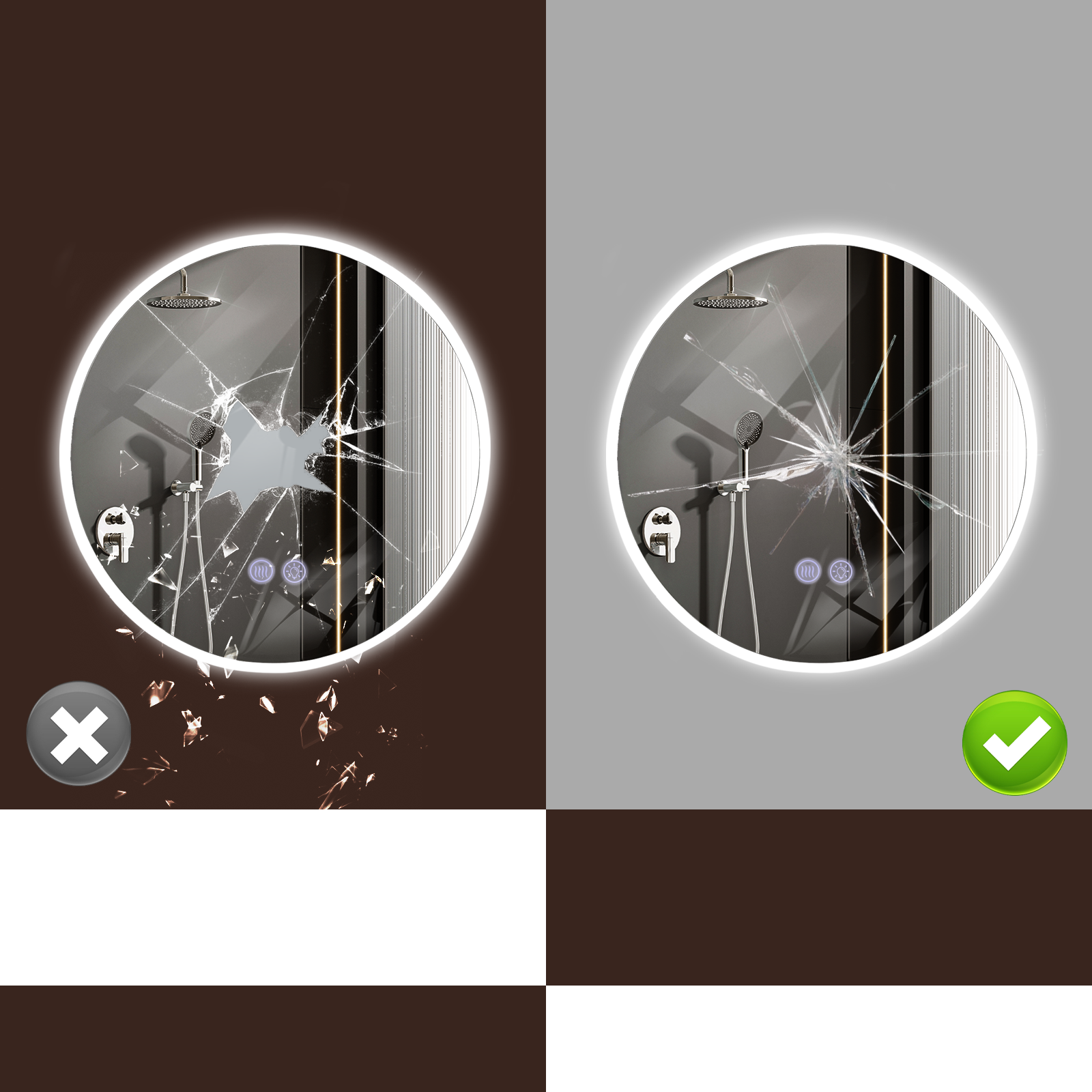 Vergleich zweier LED-Badezimmerspiegel: links zerbrochen mit X-Symbol, rechts intakt und sicher mit Hakensymbol.
