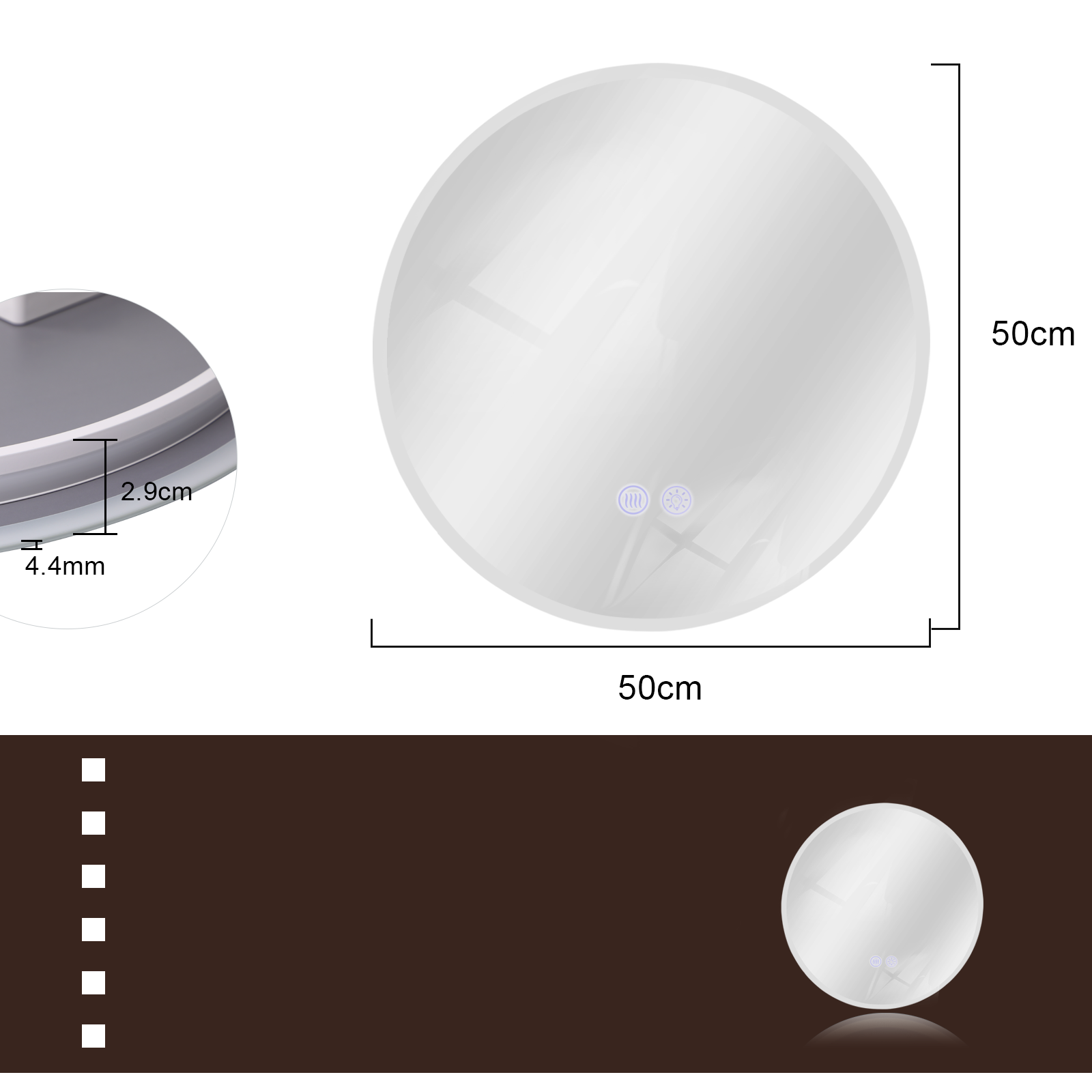 Runder LED-Spiegel, 50x50cm, mit Detailansicht der Dicke und Touch-Schaltern.